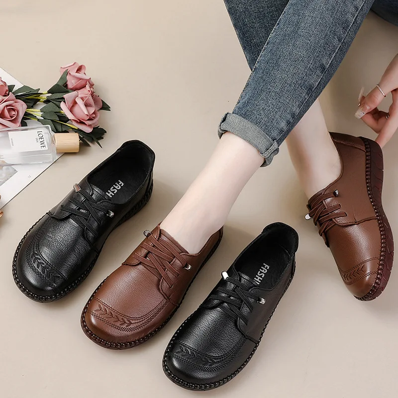 New Cowhide Retro Ethnic Style Women Shoes Comfortable Tendon Soft-Soled Mother Shoes Genuine Leather Thick-Soled Leather Shoes