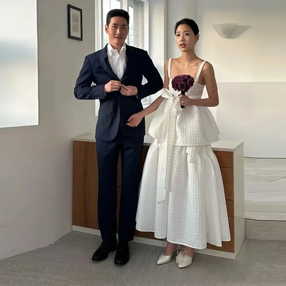 ML New Korean Wedding Dresses Square Neck Waffle Tiered Ankle-Length Bridal Party Dress Customized Wedding Snap Dresses