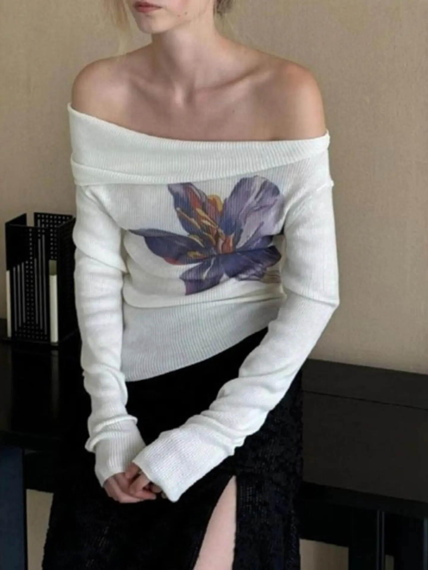 Floral Print Long Sleeve Knitted Sweater One Shoulder Design Women's Autumn Fashion Irregular Hemline  Shoulder Top