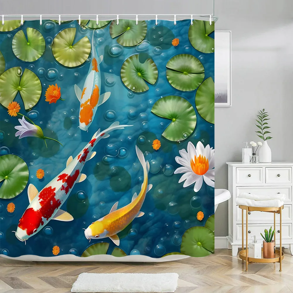 Koi Fish Lotus Shower Curtain Flower Green Lotus Leaf Japanese Lotus Pond Carp Fish Floral Leave Oriental Landscape Bath Curtain