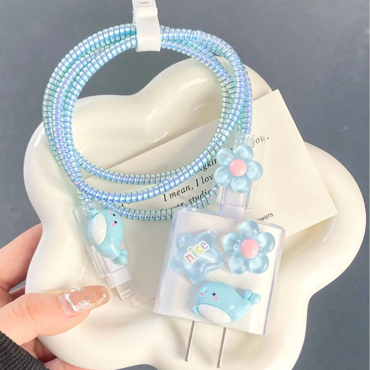 New Cute Blue Dolphin for Apple Phone 15/14pro Phone Charger Head Cable Data Cable Protection Cover To Prevent Breakage