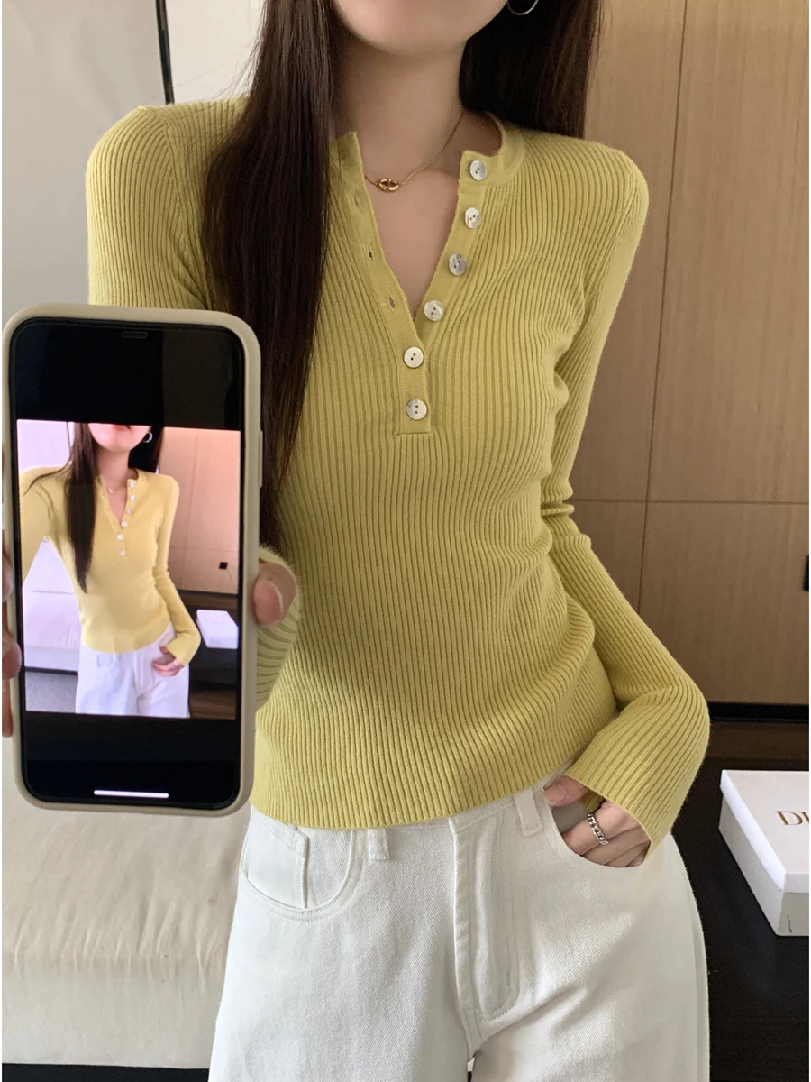 Korean Sle Slim Fit Knitted Sweater Women's Long Sve Button up Base Layer Top Ele White Design Autumn Winter Faion