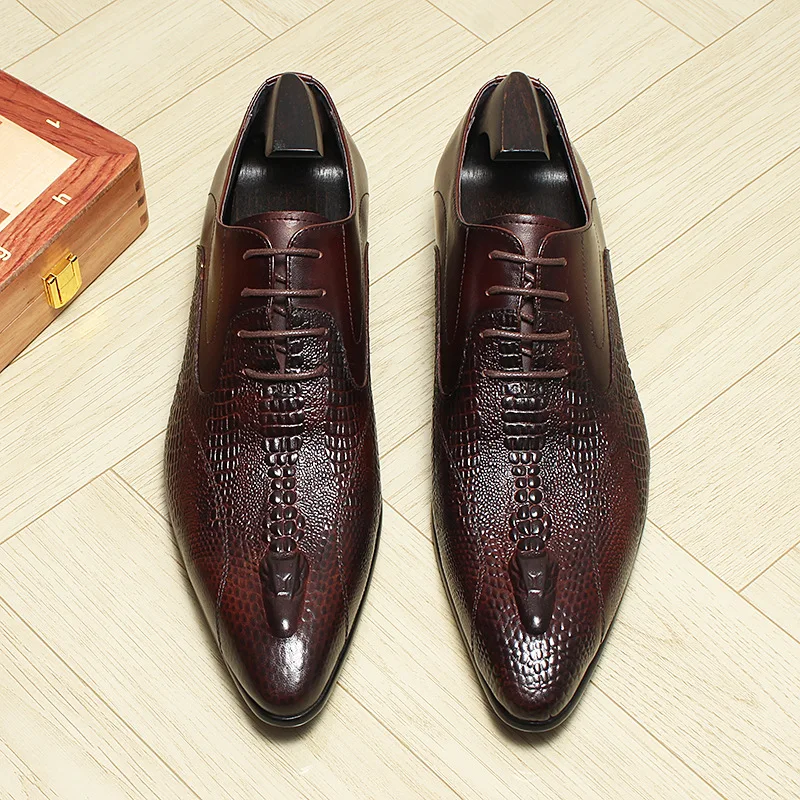 Summer Pointed Toe Breathable Top Layer Cowhide Men's Business Casual Leather Shoes Crocodile Embossed Trendy Formal Dress Shoes