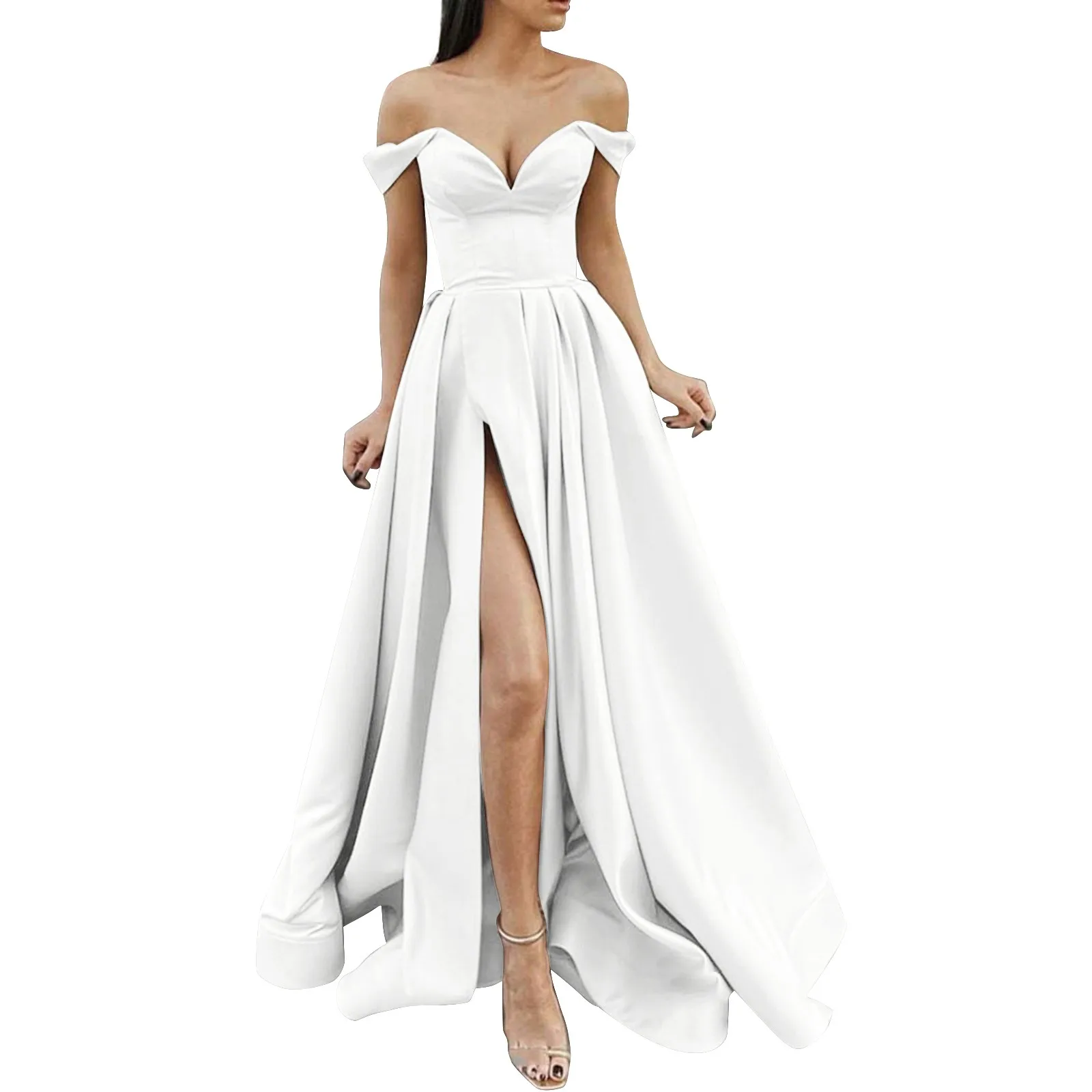 Women's Off The Shoulder Bridesmaid Dresses for Wedding With Slit Long Pleated Satin Prom Dress A-Line Evening Gowns Dress