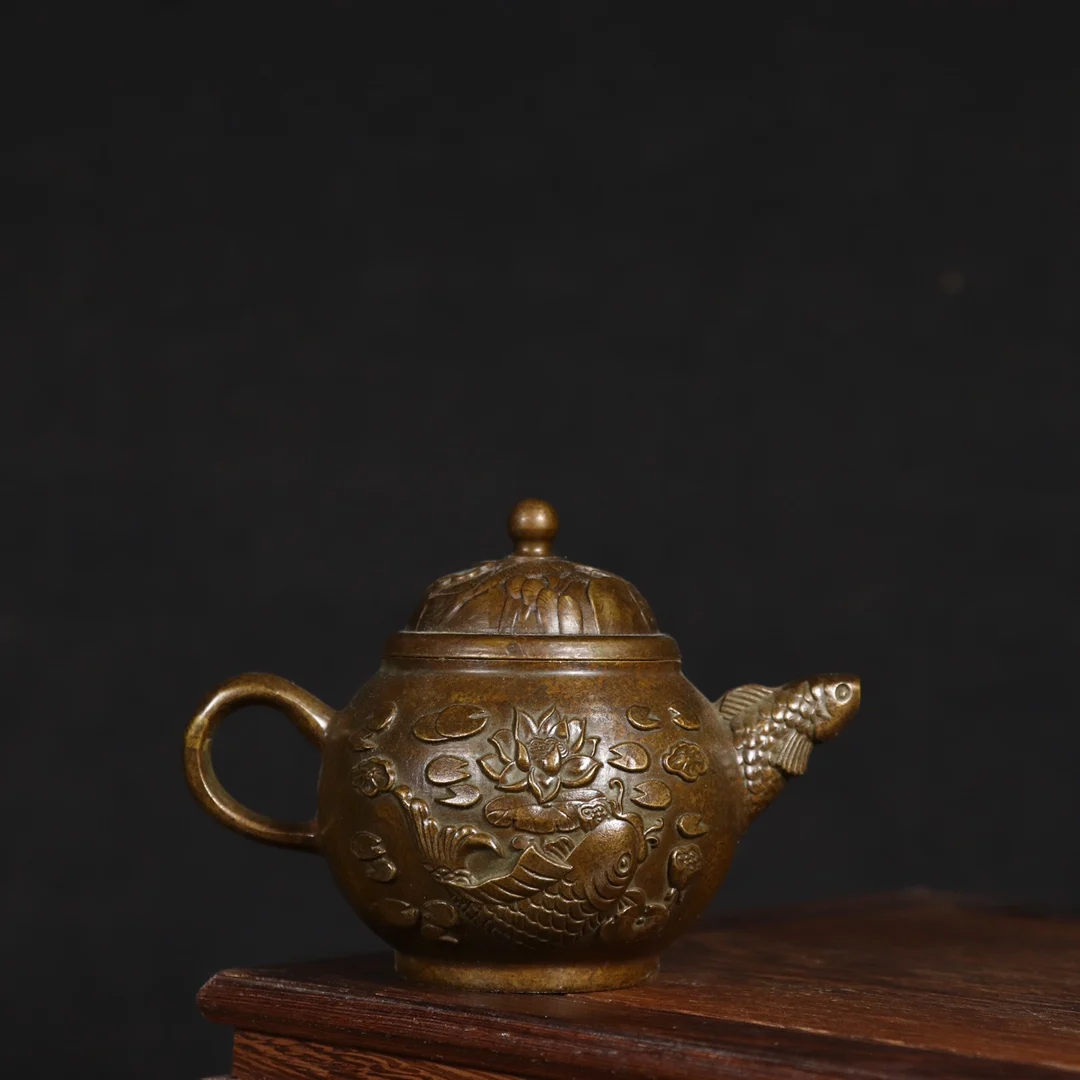 Traditional Yearly Fish Teapot - Exquisite Pure Copper Decorative Home Ornament, High-Quality Craftsmanship Tea Table Piece