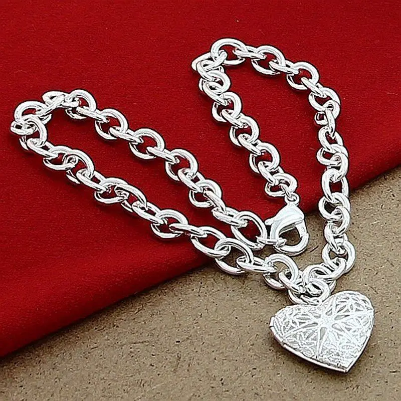 Precious Remembrance 925 Sterling Silver Photo Frame Heart Pendant Necklaces Chain Fashion Jewelry