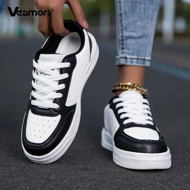 White PU Leather Causal Sports Shoes for Men Fashion Lace-up Board Shoes Women Non-slip Running Jogging Trainers Low Top