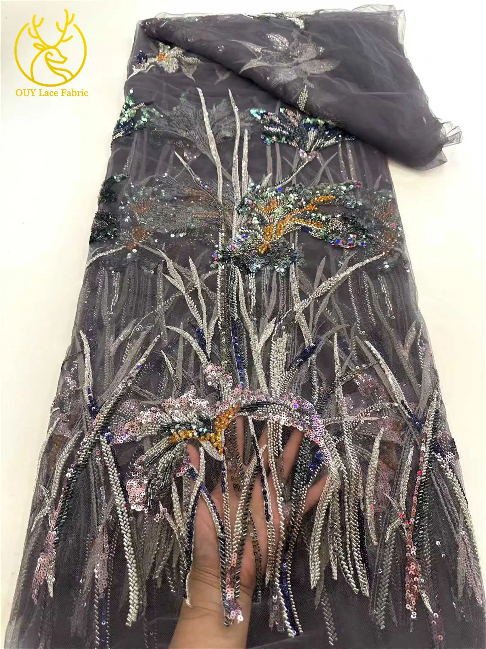 Modischer Afrikanischer Perlen-Pailletten-Spitzenstoff 2026 Hochwertiger Französischer Tüll Nigerianisches Damen-Abendkleid Nähzubehör 5 Yards – Detail 13