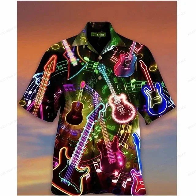 

Musical Instrument Hawaiian Shirt Men Fashion Social Casual Shirts Single Breasted Cuba Beach Blouse Men's Clothing Vocation