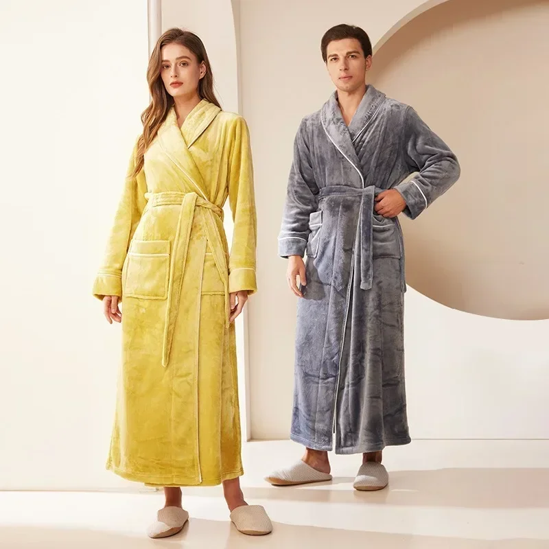 Extended Sleeping Robes for Men and Women Autumn/Winter 2024 Coral Velvet Men\'s Thickened Winter Couple Flannel Pajamas Bathrobe