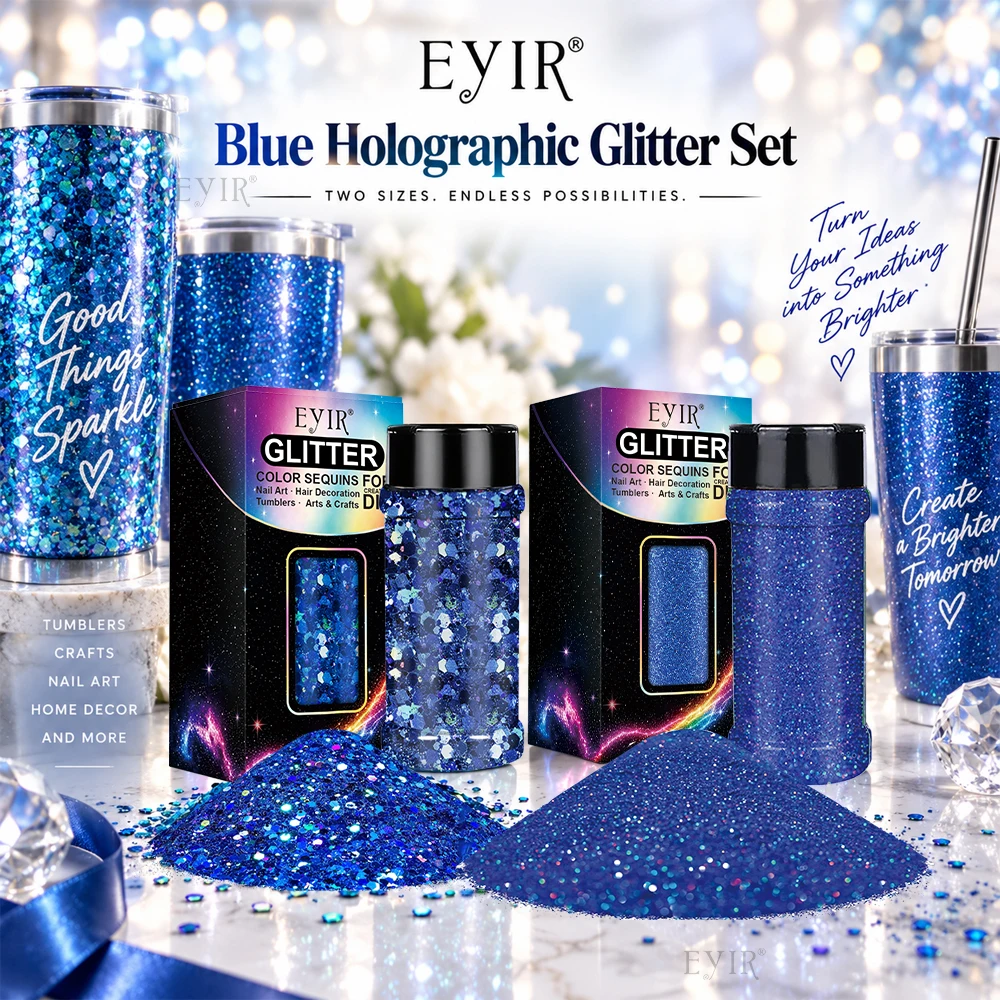 EYIR Blue Glitter Set 2PCS 50g Chunky Glitter 80g Fine Holographic Glitter for Resin Tumblers Christmas Ornaments DIY Crafts