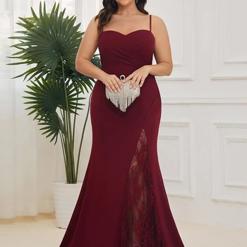 플러스 사이즈 대형 우아한 원피스 레이스 스플라이스, 단색 롱 슬림 핏, 우아한 스트랩 원피스