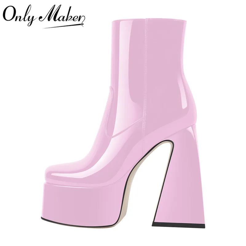 Onlymaker Platform Punk Ankle Boots Square Toe Chunky Thick High Heels Black Fashion Zipper Women Booties