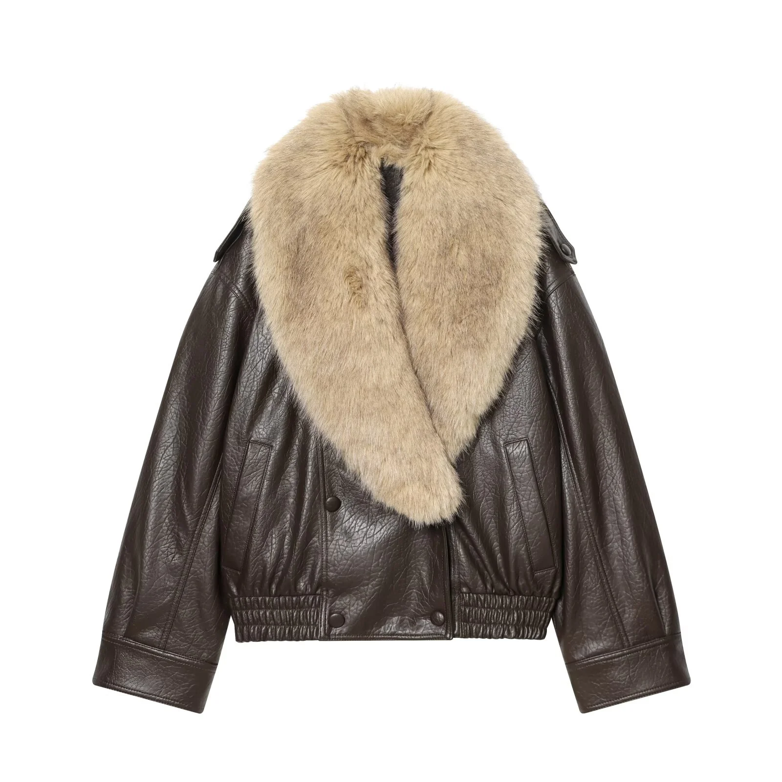 سترة نسائية شتوية جديدة لعام 2025 عصرية ومتعددة الاستخدامات وبسيطة وفضفاضة من الجلد الصناعي مع ياقة من الفرو قابلة للفصل #1