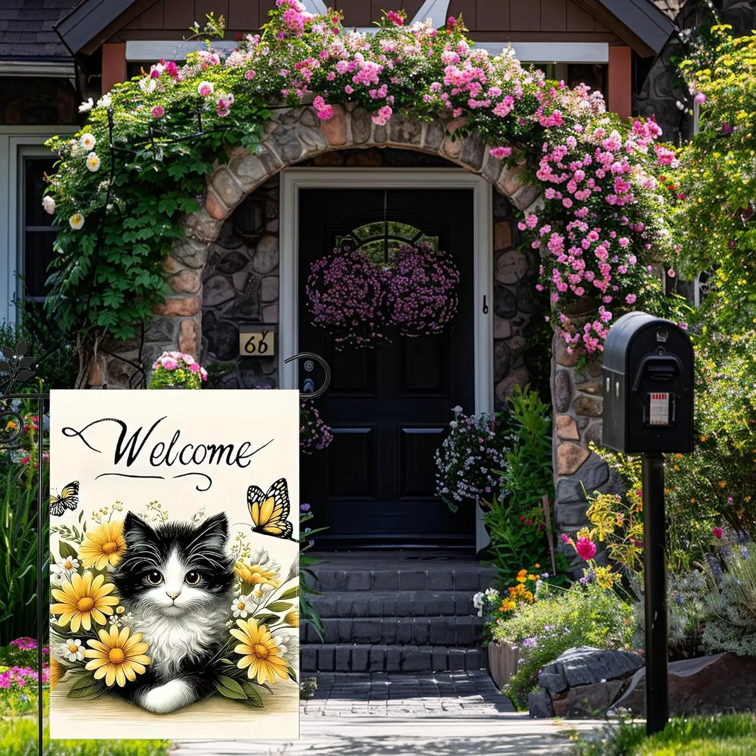 Welcome Spring Summer Garden Flag 12x18 Double Sided, Burlap Seasonal Butterfly Flower Cat Garden Flags Spring Summer Outdoo hhz