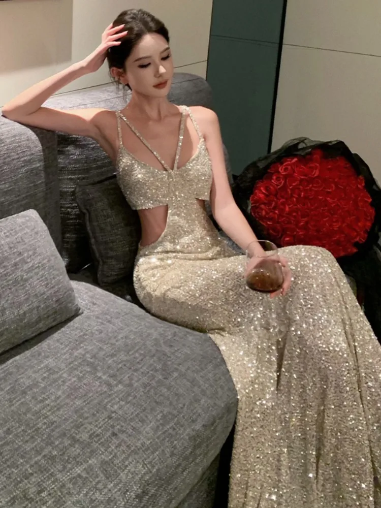 French sle High-Grade Evening dress Sequins Sling Dress Women Design Sense  Sheath Fishtail Mop Long dress