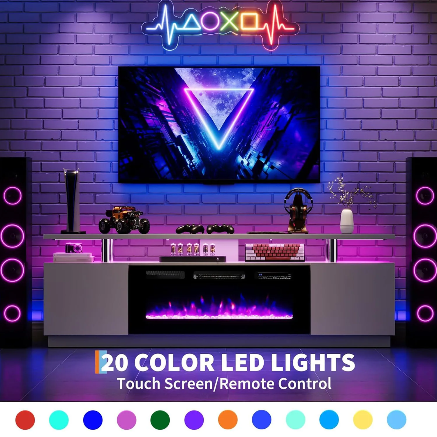 حامل تلفزيون مدفأة مقاس 70 بوصة مع سخان كهربائي وأضواء LED مقاس 36 بوصة - وحدة تحكم وسائط عالية اللمعان وخزائن تخزين تناسب أجهزة التلفاز حتى 80 بوصة