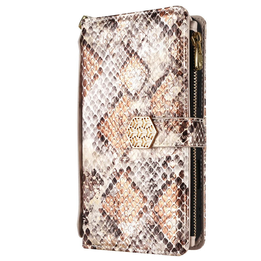 Zipper Shoulder Wallet Case For OPPO A60 A59 A58 A57 A56 A55 A54 A53 A52 Multi 6 Cards Snake Pattern Leather Handbag Phone Cover