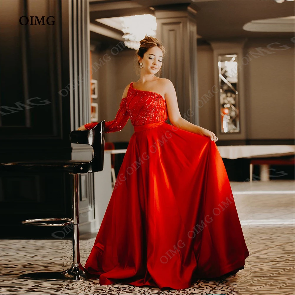 

OIMG Red Sequined Evening Dresses Dubai Saudi Arabric Prom Dresses Floor Length Modest Shiny Prom Gowns A-Line Party Gowns