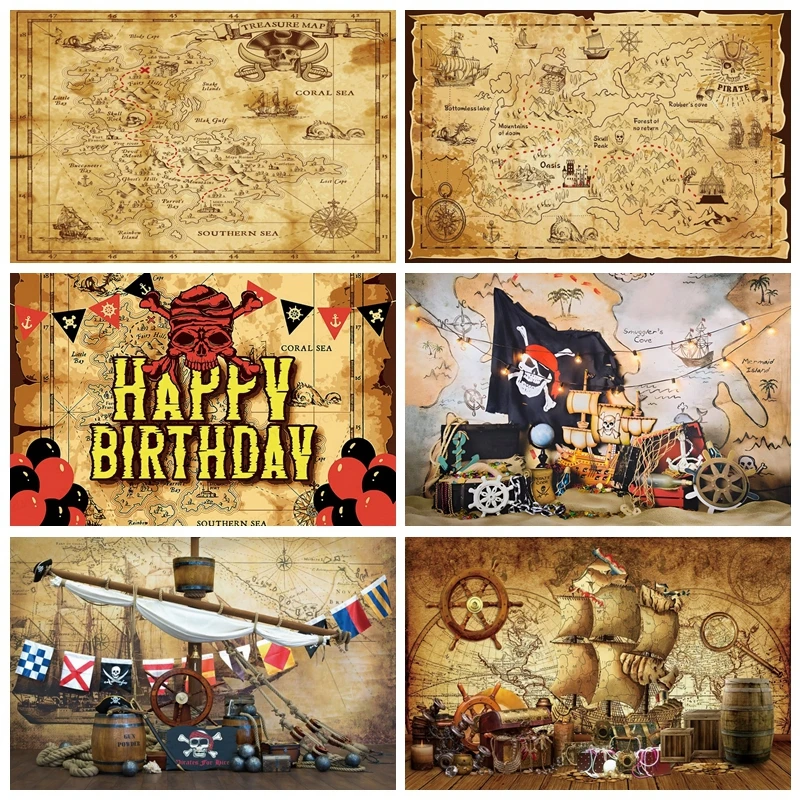 Pirate Theme Backdrops Photography Treasure Old Map Baby Shower Birthday Party Portrait Photographic Background For Photo Studio