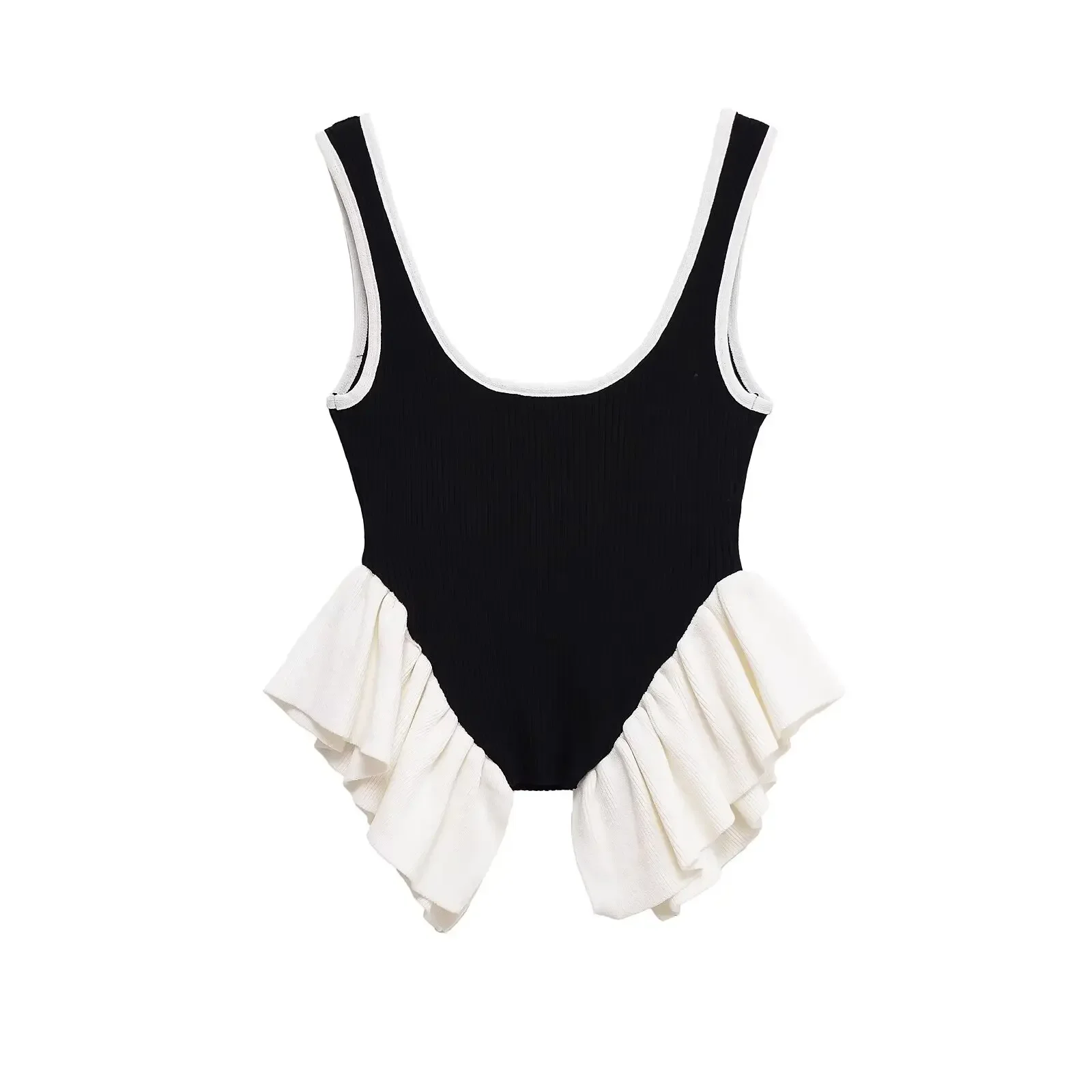 

Новый летний женский повседневный модный контрастный цветной дизайн, вязаный топ без рукавов с круглым вырезом