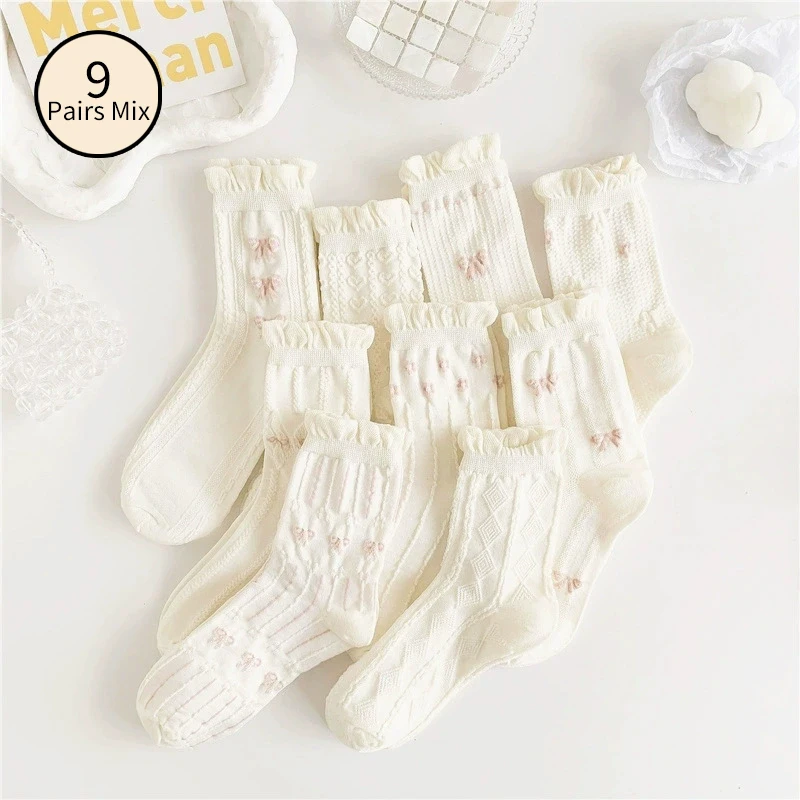 

9 пар милых белых кружевных женских носков, однотонные удобные универсальные носки в студенческом стиле с героями мультфильмов