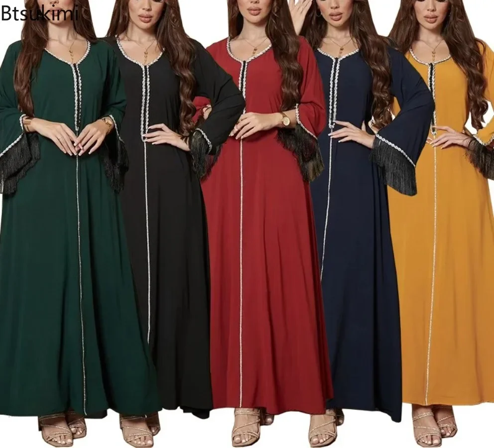 

2025 Women's Eid Muslim Fashion Dress Abaya Diamond Tassel Abaya Party Dresses Caftan Arab Long Jalabiya Robe Woman Ramadan Robe