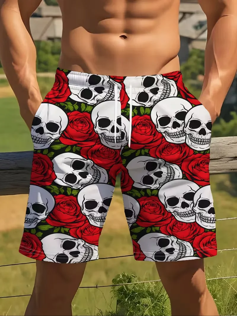 Wildness Meets Romance, Skull and Rose 3D Printed Beach Shorts, Quick-dry Loose Fit for Vacation, Sports, and Leisure