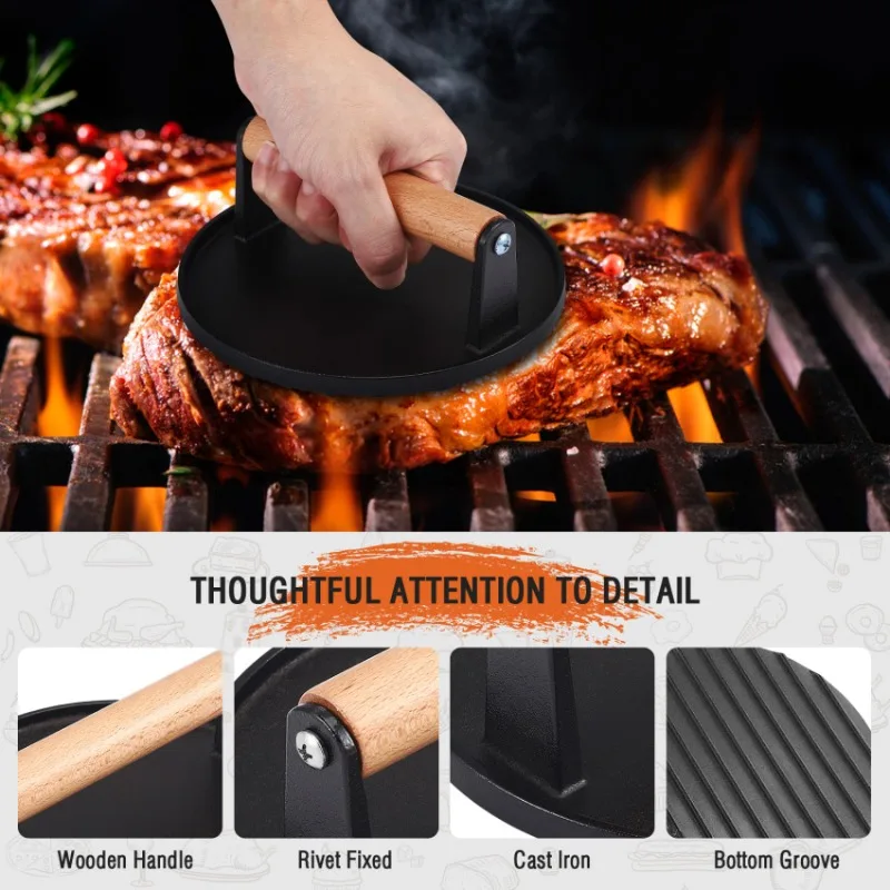 

Round and Rectangle Heavy-Duty Cast Iron Smash Meat Steak with Wood Handle Cast Iron Grill Press Set on Griddle Skillet or BBQ