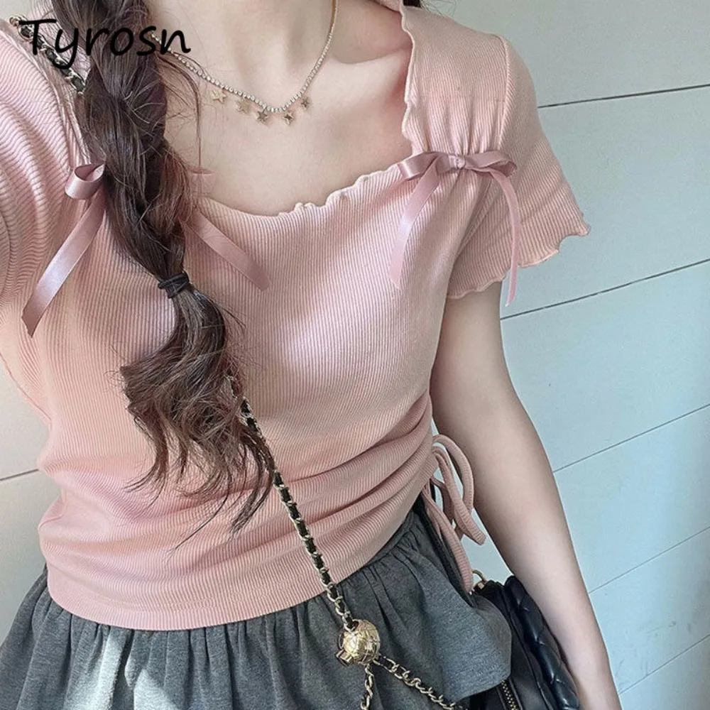 Hotsweet Holiday Women T-shirts Vitality Young Harajuku Korean Style Tops Schoolgirls Charming Individual Bow Fairycore Shirring