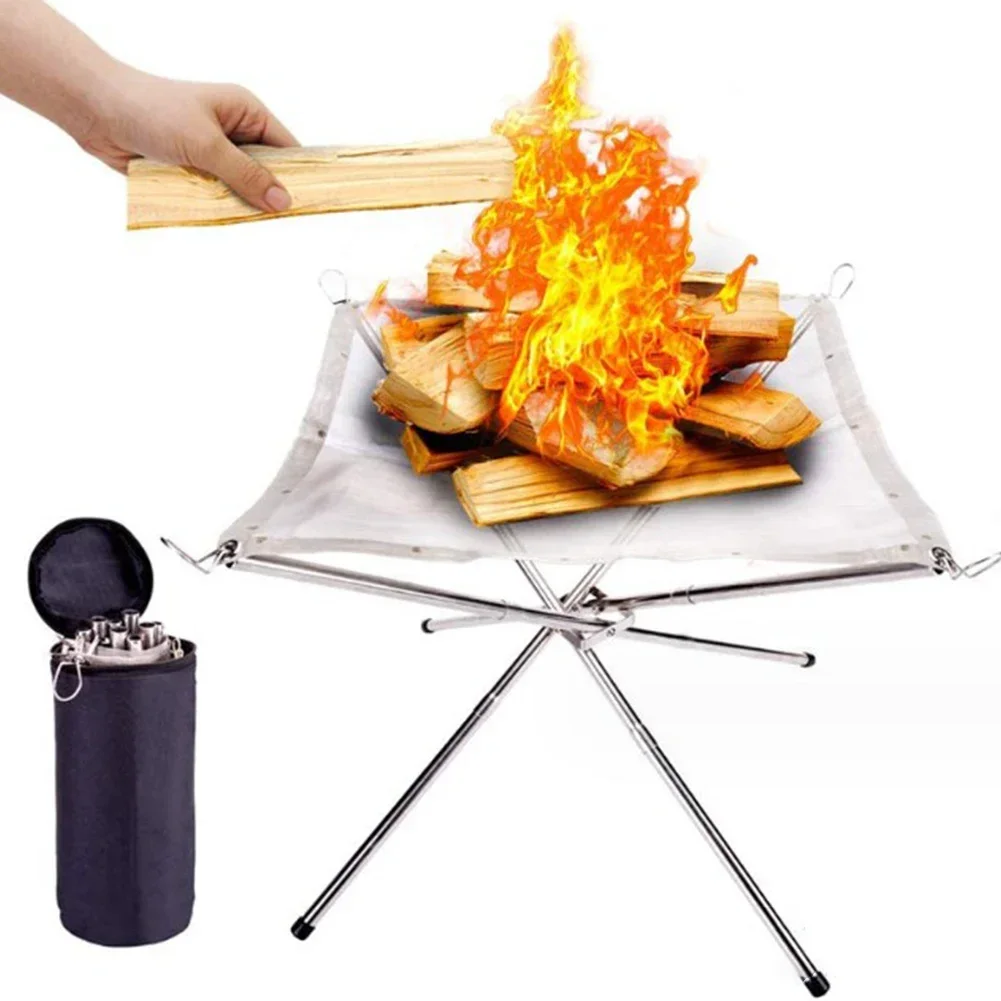 Fireplace Fire Pits For Camping Trip Foldable Portable Fire Pits Silver Color Stainless Steel For Enjoying Campfires