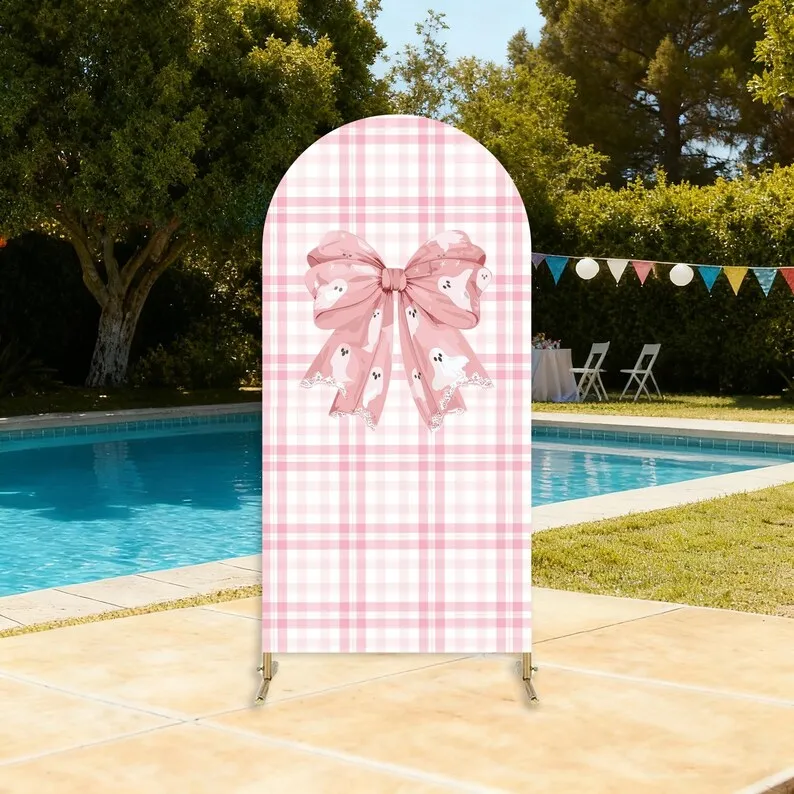 Custom 2-sided Newborn Little Boo Baby Shower Arch Backdrop Halloween Ghost Pumpkin Pink Bow Girl Gender Reveal Party Background