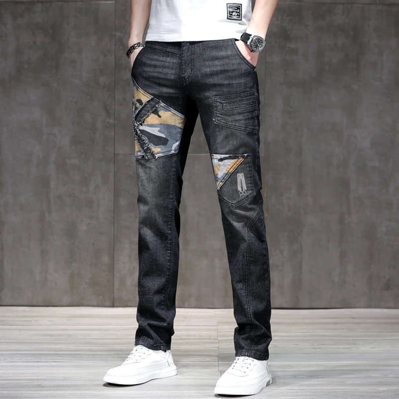 Camouflage Stitching Jeans Men's Motorcycle Style Street Personality Design Slim Fit Skinny Stretch Pants2024New