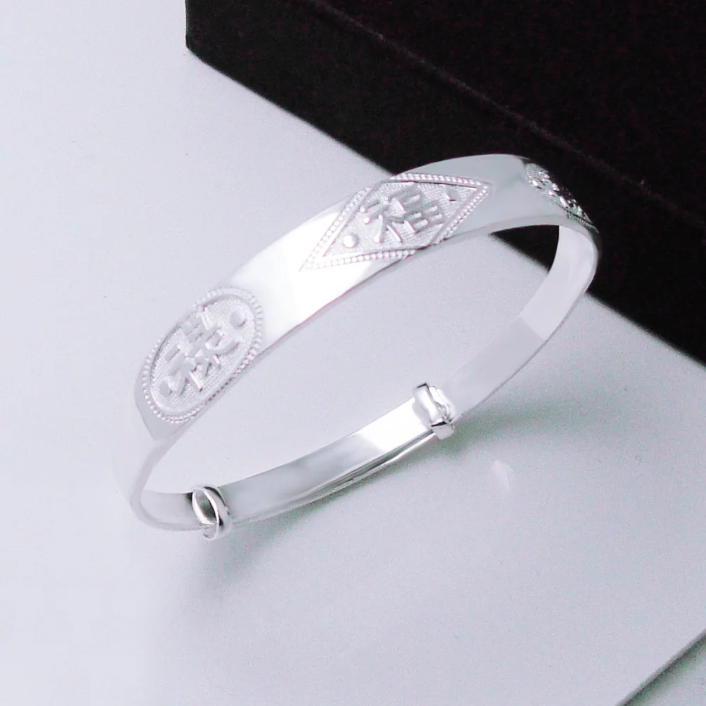 925 Sterling Silver Bangle Bracelets for Women Classic Chinese Style Wedding Jewelry Good Luck Traditional Classy Accessory 5