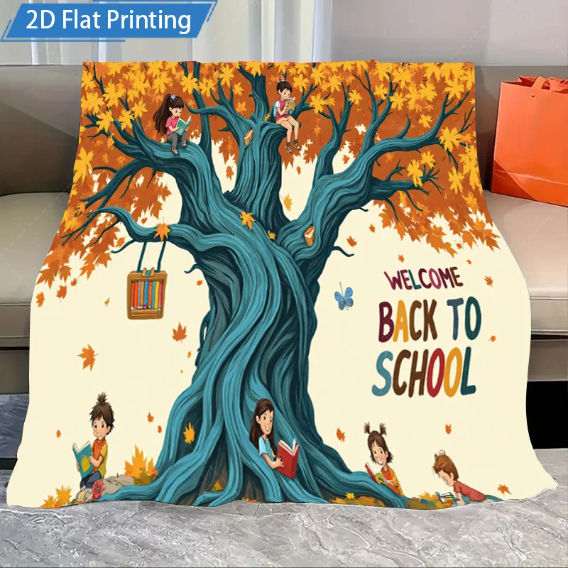 

1 шт. фланелевое одеяло «Снова в школу», детское одеяло для чтения деревьев, 2D принт, уютный флисовый плед для декора детской комнаты