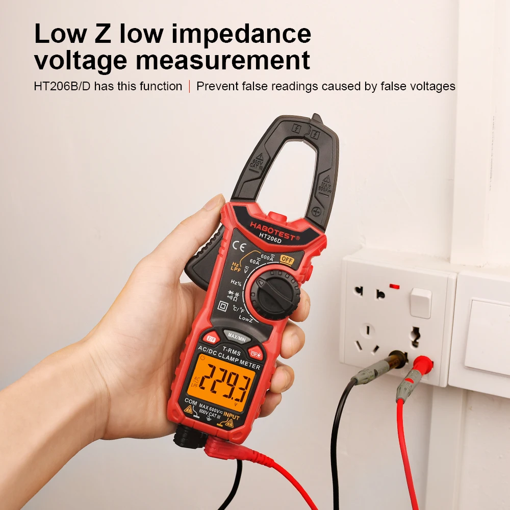 HT206D/HT208D Digital Clamp Meter AC DC Current Two-color Backlight True RMS Capacitance Temperature NCV Voltage Tester