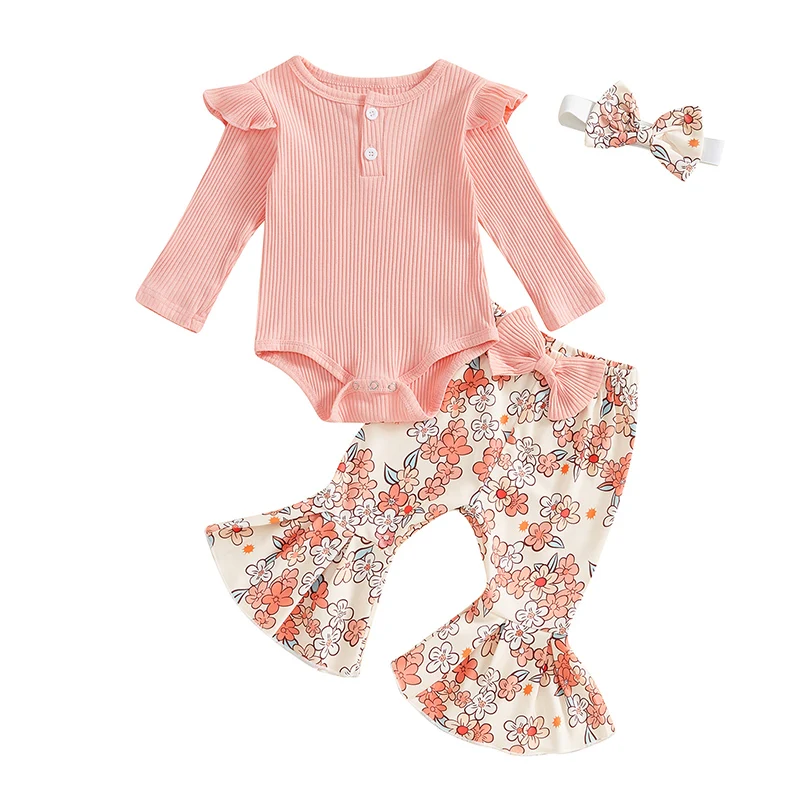 

Baby Girls 3PCS Pants Sets Long Sleeve O Neck Ribbed Romper Floral Flared Pants Headband Sets