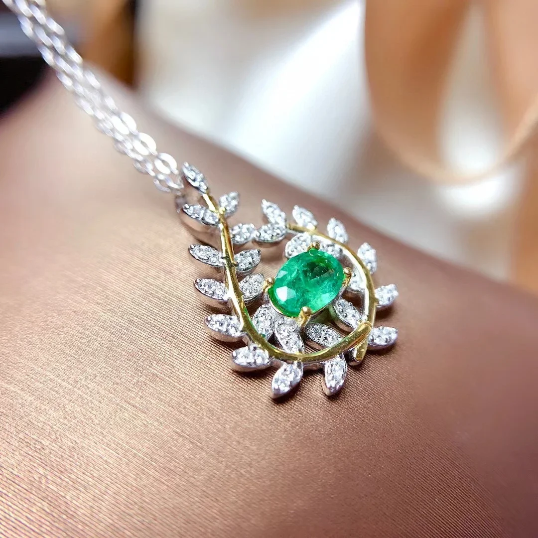 Natural Emerald Gemstone Olive Branch Pendant Necklace Real 925 Pure Silver Green Stone Fine Wedding Jewelry for Women