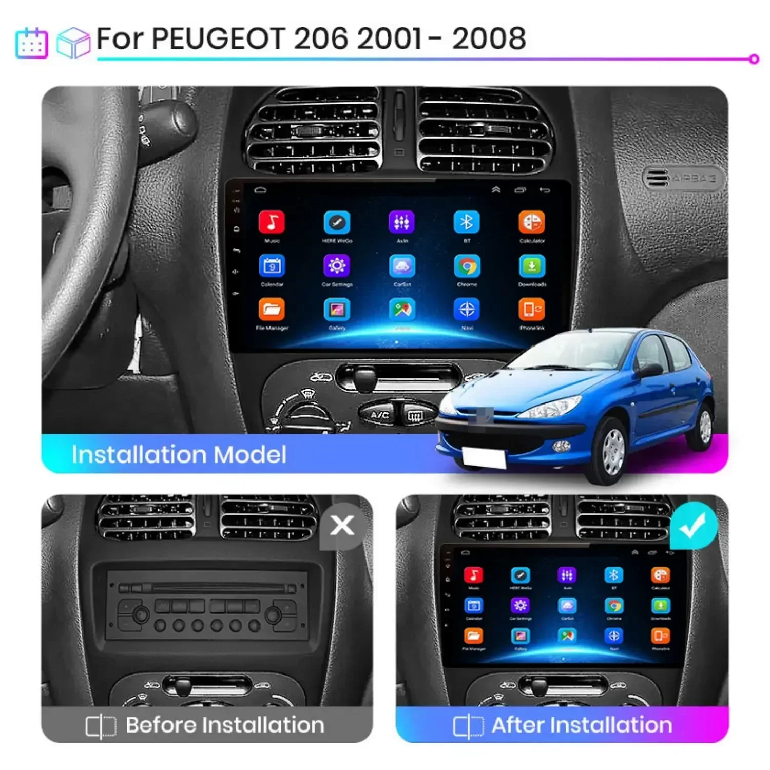 For Peugeot 206 206CC 206SW 2001 - 2016 Android Radio Car Multimedia Automotiva Carplay Pantalla Coche Camera Head Unit Audio