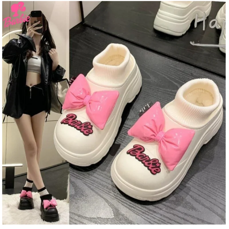 

MINISO Barbie girls winter cute cartoon letters fashion versatile lightweight thick-soled non-slip plus velvet warm cotton shoes