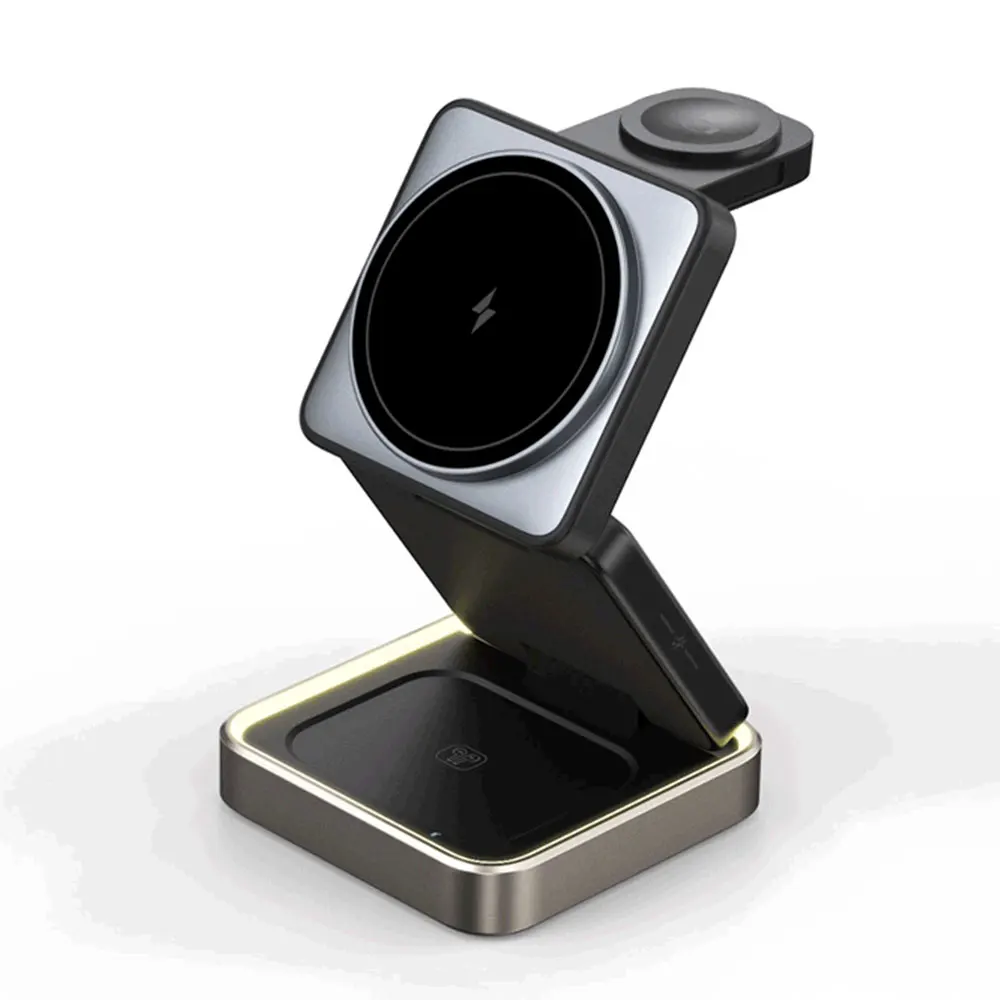 

Беспроводная складная зарядная станция 3-в-1, быстрая зарядка 15 Вт, магнитная и портативная, совместимая с телефонами/наушниками/часами