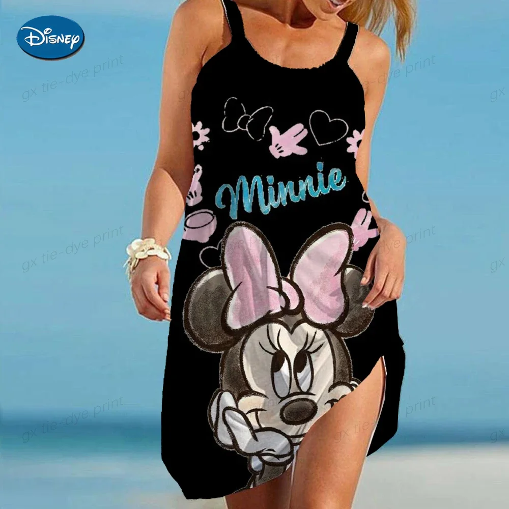 Disney Minnie Dress Women Fashion Summer Beach Casual Dress Sexy Mid Length Sun Dress Camisole 3D Print Casual Nightdress