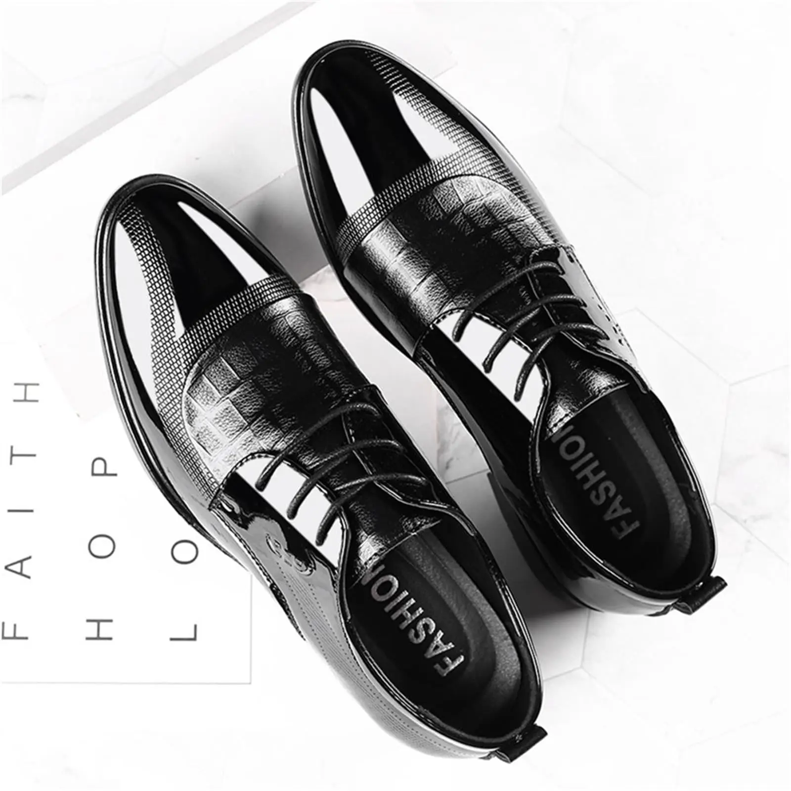 Mens Dress Shoes Formal Business Oxford Block Patent Leather Lace-up Comfortable Pointed Shoes For Men - Image 2