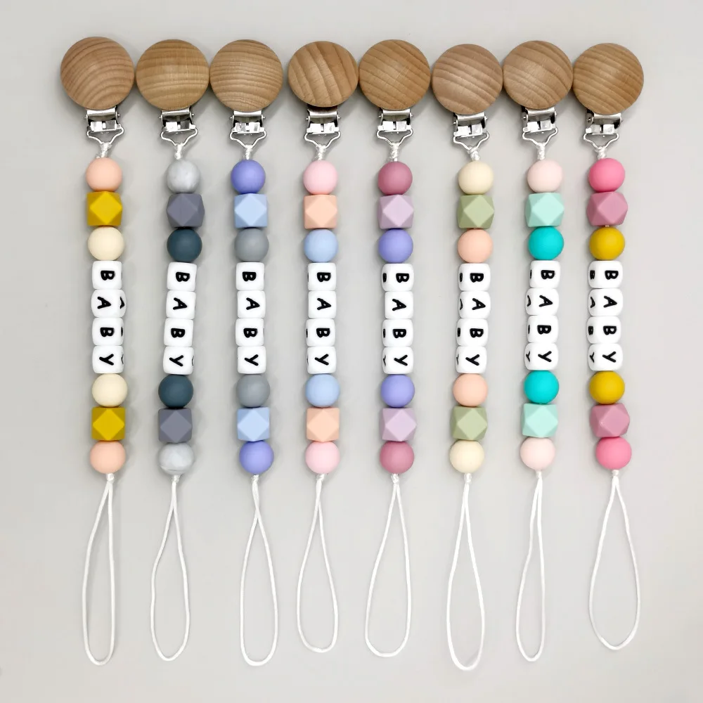 Customized English Name Baby Cartoon Silicone Round Beads Pendant Pacifier Clips Chains Holder Teether Baby Kawaii Toy