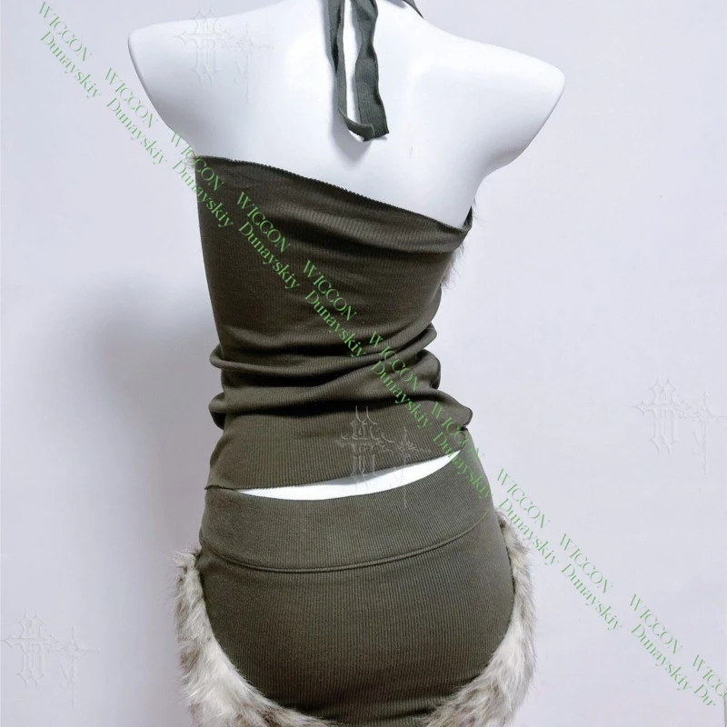 Women Japanese Retro Y2K Outfit Dia Shibuya Hot Girl Vintage Replica Furry Tube Top Set Subculture Party Performance Wear