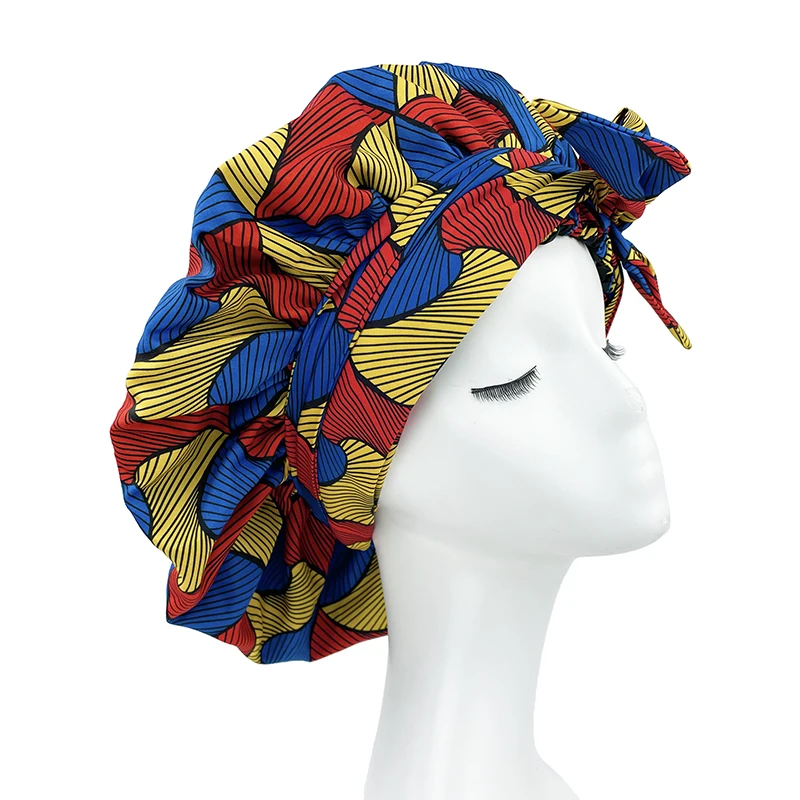 New African Ankara Pattern Satin Linned Bonnet Women Long Ribbon Headwrap Double Layer Headscarf Big Size Adult Hair Cover