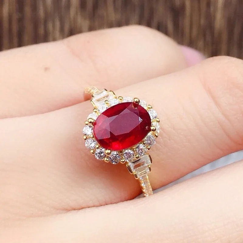 Gold-plated imitation ruby oval full-cut diamond ladies' fashionable and simple ring - anniversary jewelry gift