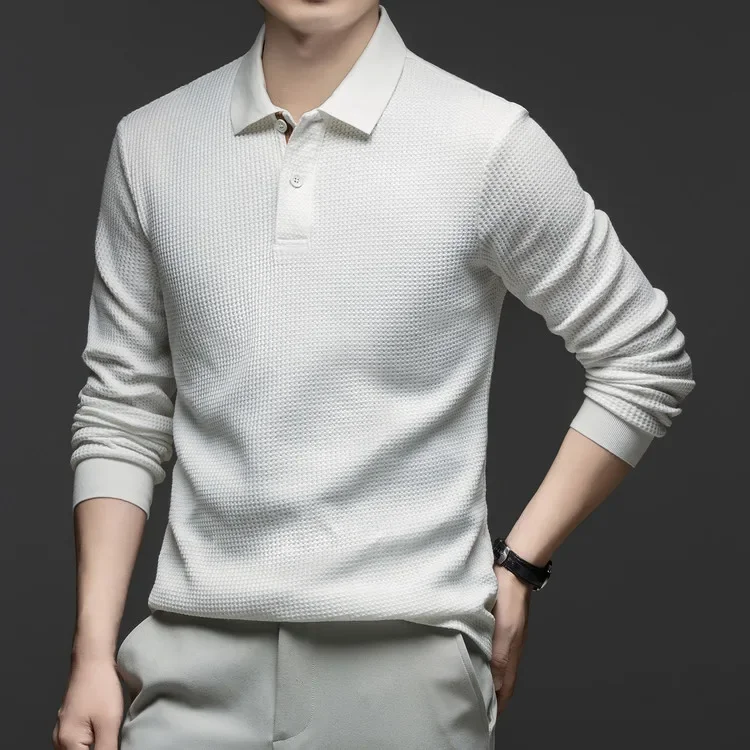 Langarm-Poloshirt aus Waffelstrick – Weiche Baumwollmischung, Slim Fit, Lässiges Business-Oberteil für Herbst und Winter, Mehrfarbig – Detail 21