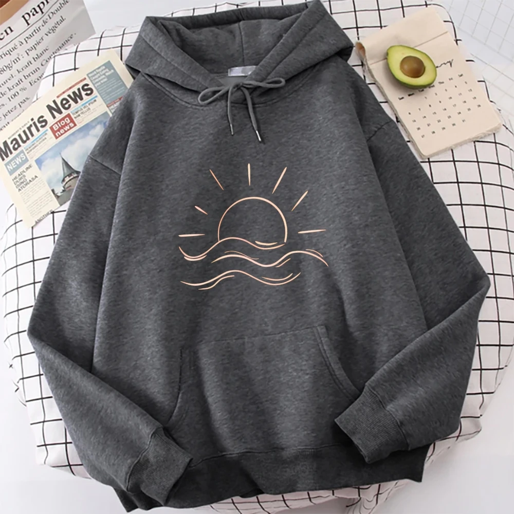 Sunset Wave Hoodie Sweatshirt Minimalist Nature Design Casual Loose Long Sleeved Chic Relaxed Fashionable Cloth Pick Tops