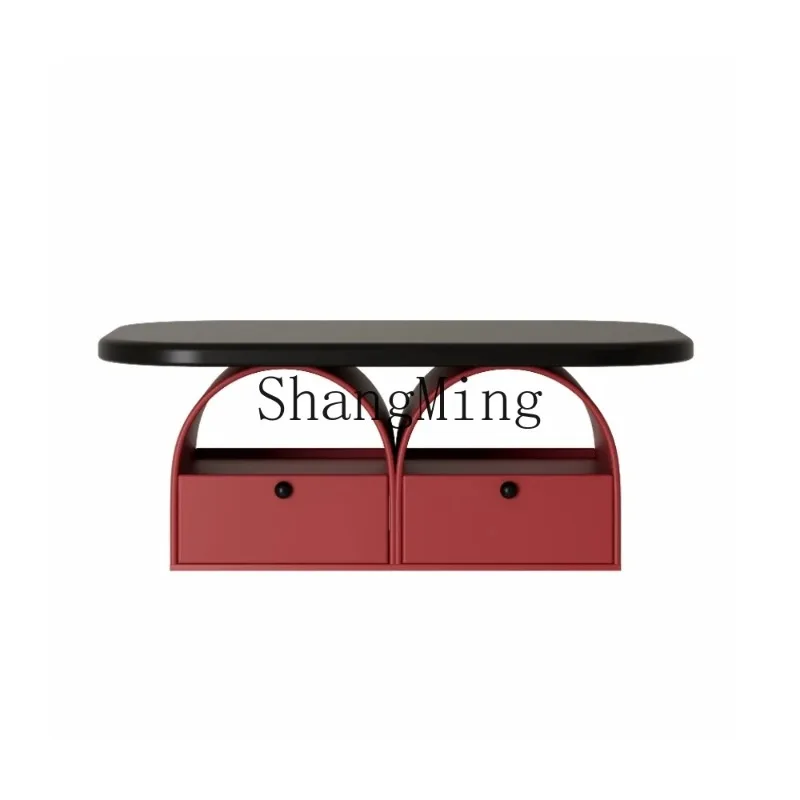 CL Light Luxury Round Storage Coffee Table Living Room Household Modern Black and Red Creative Tea Table